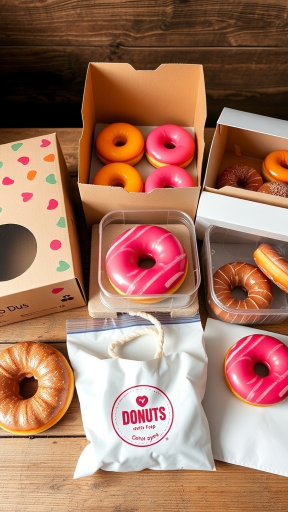 Assorted donuts in creative packaging including eco-friendly boxes and clear containers on a wooden table.